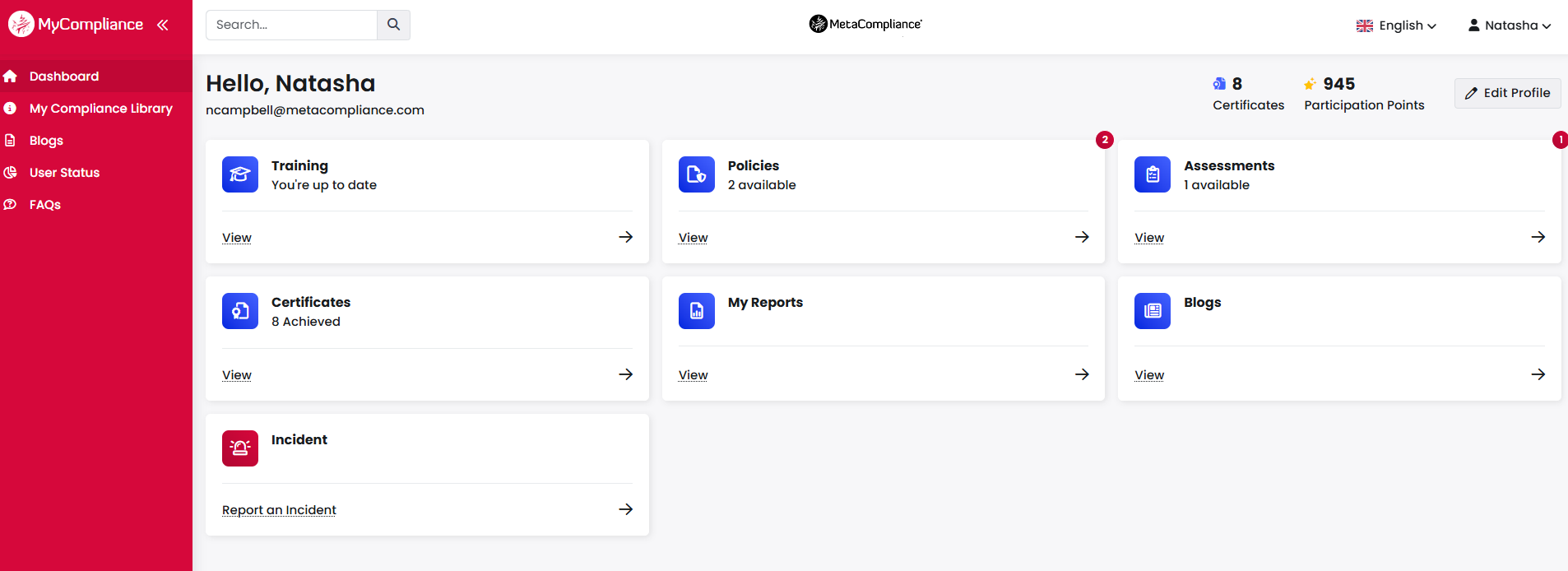 End-user view when logged in – MetaCompliance