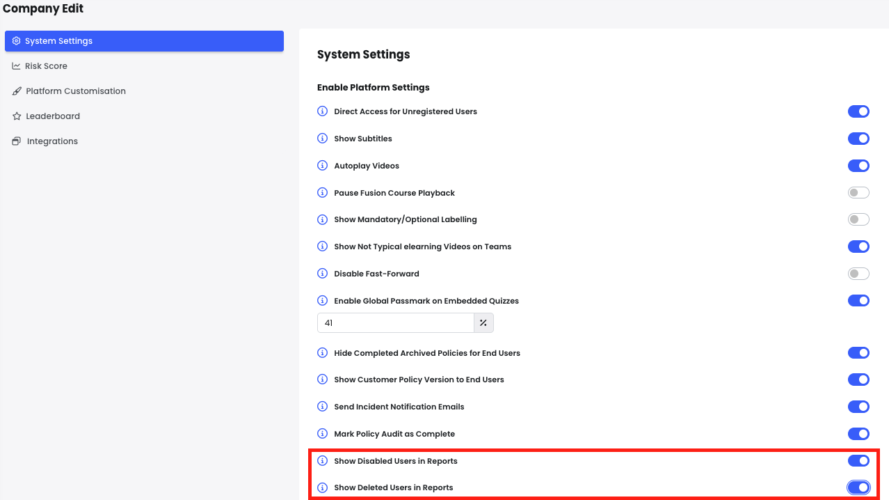 A screenshot of Company Edit showing the new Disabled and Deleted Users in Reports toggles